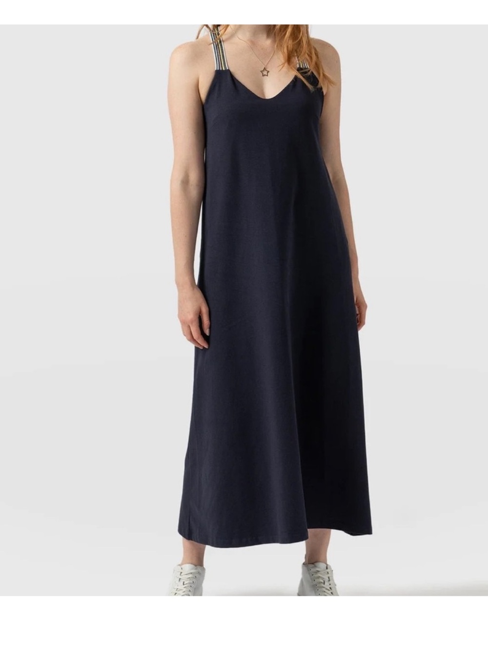 Saint + Sofia Navy Organic Cotton Maxi Dress Stripe Cross Back Straps US 18 4XL